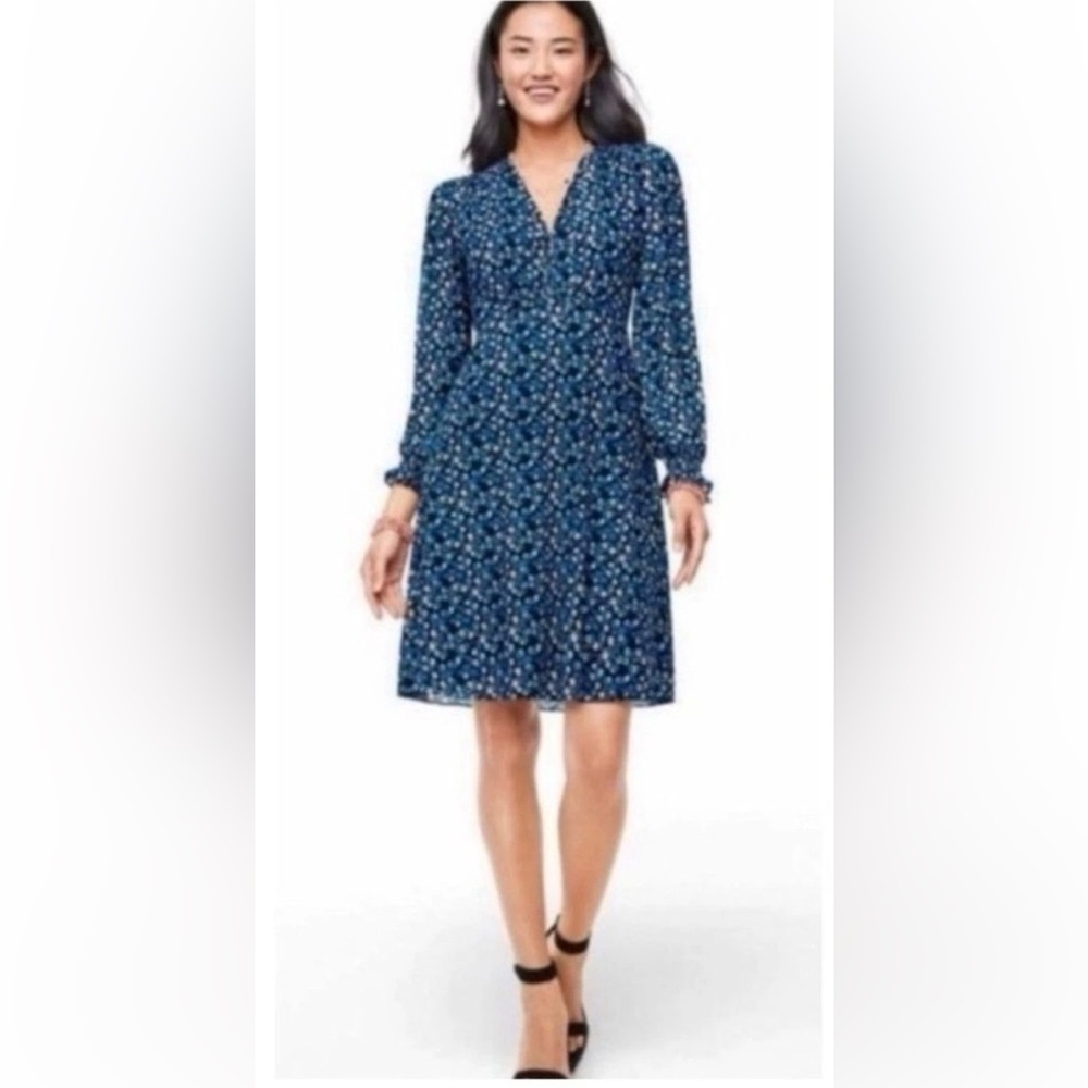CAbi The Ten Dress #5772 Size M Blue Floral Mesh Long Sleeve Lightweight